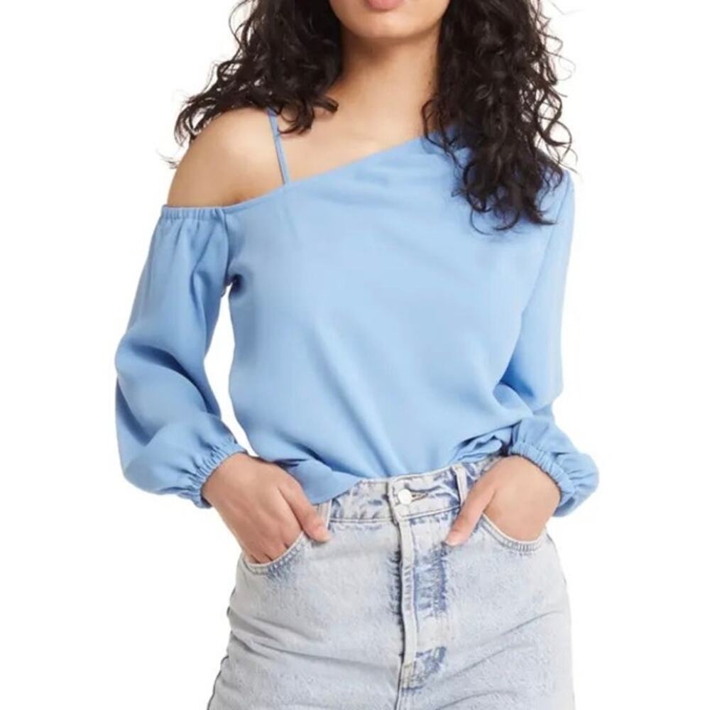 Open Edit Pleated Asymetric Neck Single Cold Shoulder Blue New Blouse Womens XL